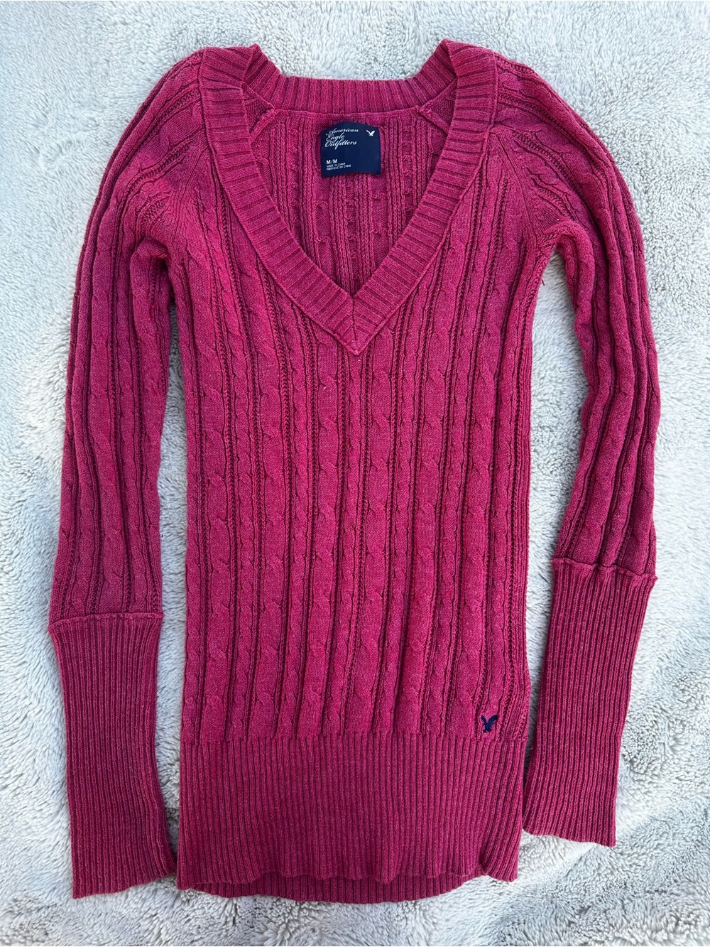American Eagle Outfitters Women's V-Neck Cable Knit Sweater - Raspberry Pink